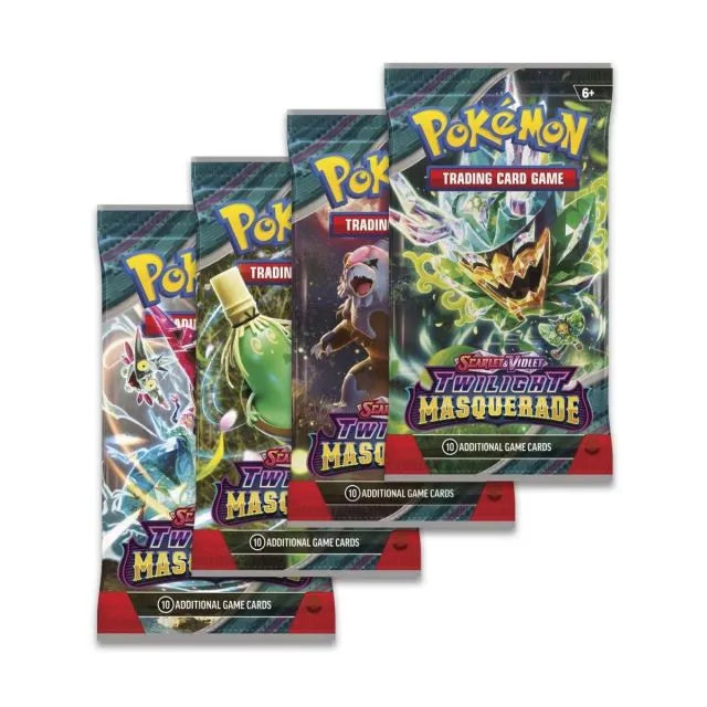 Trīs Pokémon TCG Twilight Masquerade papildpakas ar krāsainiem tēlu attēliem un 10 nejaušām spēļu kārtīm katrā.