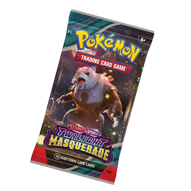 Pokémon TCG Twilight Masquerade papildpaka ar 10 kārtīm un Ursaluna attēlu uz tumša, violeta fona.