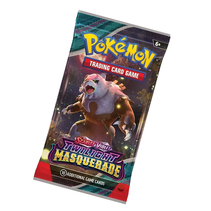 Pokémon TCG Twilight Masquerade papildpaka ar 10 kārtīm un Ursaluna attēlu uz tumša, violeta fona.
