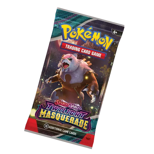 Pokémon TCG Twilight Masquerade papildpaka ar 10 kārtīm un Ursaluna attēlu uz tumša, violeta fona.