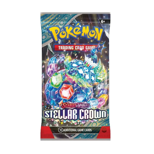 Pokémon TCG Stellar Crown papildpaka ar krāsainu kristālu dizainu un 10 kāršu komplektu.