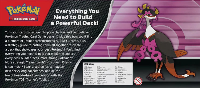 Pokémon TCG Trainer's Toolkit 2025 kāršu spēles komplekts ar rozā un melnu putna tipa Pokémon tēlu uz violeta fona.