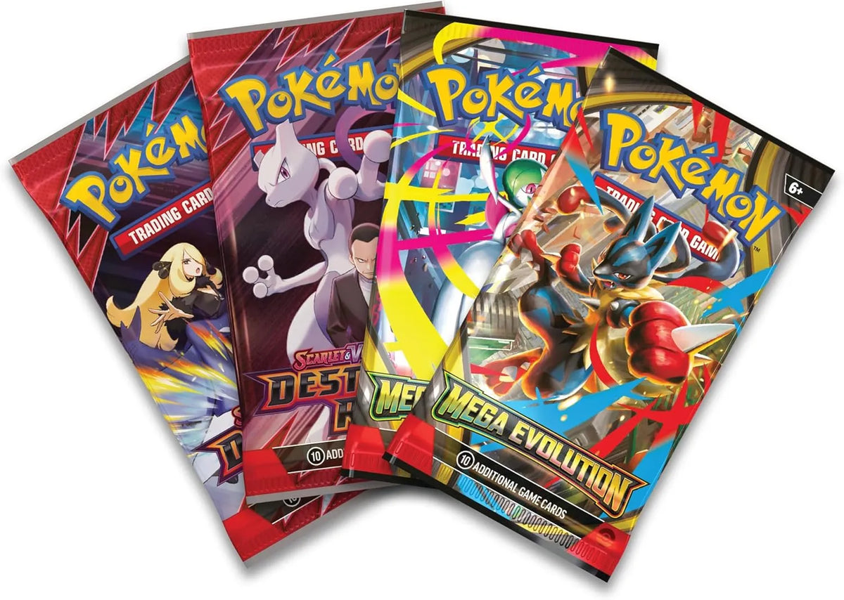 Četras krāsainas Pokémon TCG papildpakas ar Mewtwo, Lucario un citiem tēliem uz spīdīga iepakojuma.