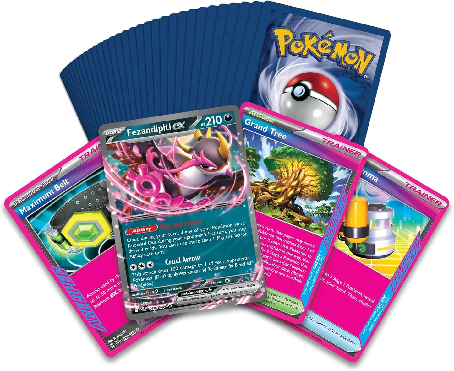 Pokémon TCG Trainer's Toolkit 2025 kārtis, ACE SPEC spēļu kārtis un zilas kāršu aizsargkabatiņas uz balta fona.