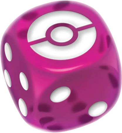 Spilgti rozā caurspīdīgs Pokémon TCG spēles kauliņš ar baltu Poké bumbas simbolu un apaļiem punktiem skaitļu vietā.