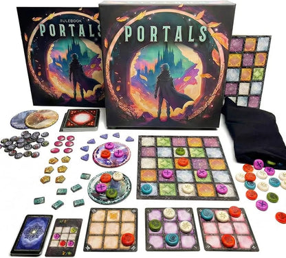 Portals galda spēle ar krāsainiem žetoniem, spēles laukumu, kārtīm un ilustrētu kasti ar fantāzijas tēlu.