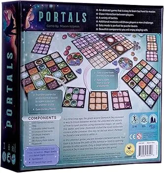 Galda spēles Portals kastes aizmugure ar krāsainiem elementu laukumiem, žetoniem un spēles komponentu aprakstu uz zila fona.