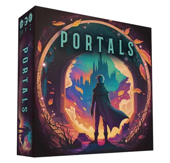 Galda spēles Portals kaste ar krāsainu fantāzijas ilustrāciju, kurā tēls stāv pie maģiska portāla uz pils pusi.