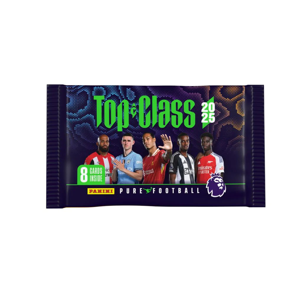 Panini Top Class Premier League 2025 kāršu paciņa ar 8 futbola spēlētāju kolekcijas kartītēm tumši zilā iepakojumā.