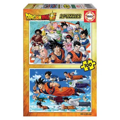 Divi 100 gabaliņu Dragon Ball Super puzles kartona kastē ar krāsainiem anime varoņu attēliem, izmērs 40x28 cm.