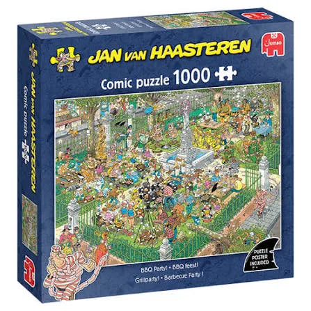 Jan van Haasteren 1000 gabaliņu krāsaina komiksu stila puzle ar BBQ ballītes ainu kartona kastē.
