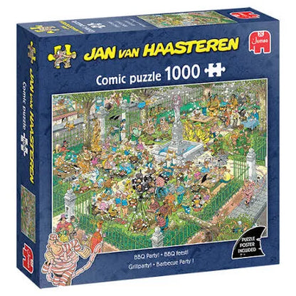 Jan van Haasteren 1000 gabaliņu krāsaina komiksu stila puzle ar BBQ ballītes ainu kartona kastē.