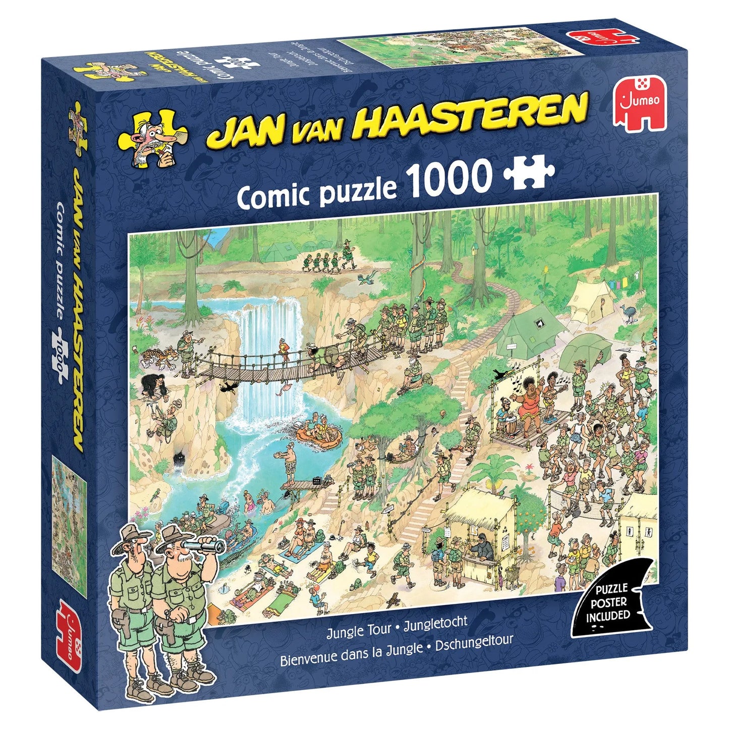 Jan van Haasteren 1000 gabaliņu komiksu stila puzle ar krāsainu džungļu tūres ilustrāciju un iekļautu plakātu.
