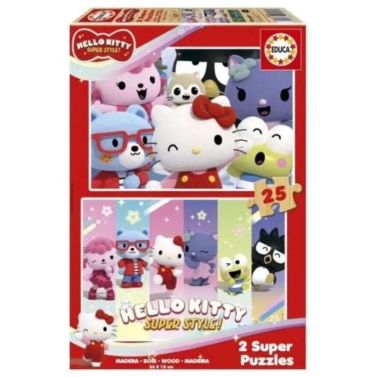 Divi 25 gabaliņu koka puzles komplekts ar Hello Kitty Super Style varoņiem krāsainā iepakojumā.