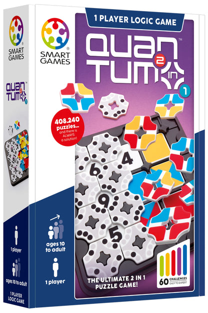 SmartGames Quantum 2-in-1 loģikas spēle ar krāsainiem plastmasas elementiem un 60 uzdevumu kārtīm vienam spēlētājam.