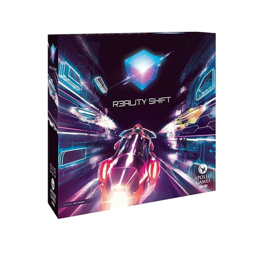 Galda spēles Reality Shift kaste ar futūristisku sacīkšu dizainu, neona gaismām un mirdzošu zilu kubu uz melna fona.