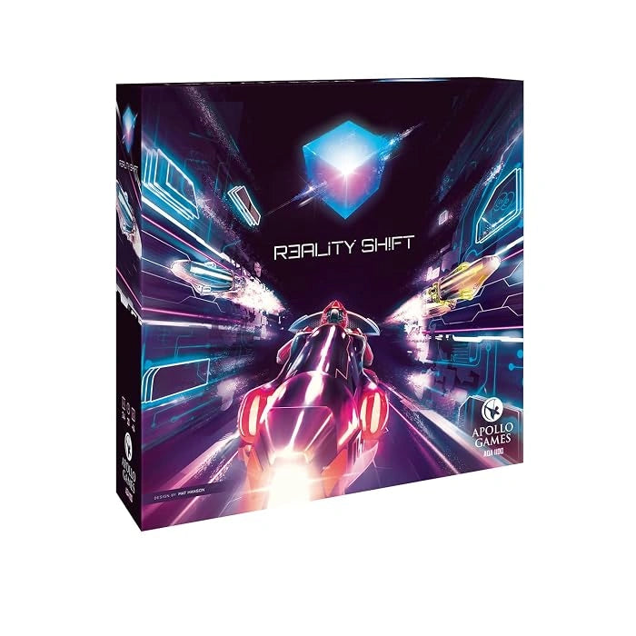 Galda spēles Reality Shift kaste ar futūristisku sacīkšu dizainu, neona gaismām un mirdzošu zilu kubu uz melna fona.