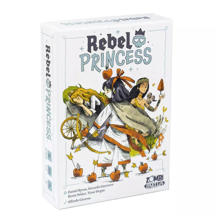 Rebel Princess galda spēles kaste ar ilustrētām princesēm, lokiem un āboliem uz balta fona.