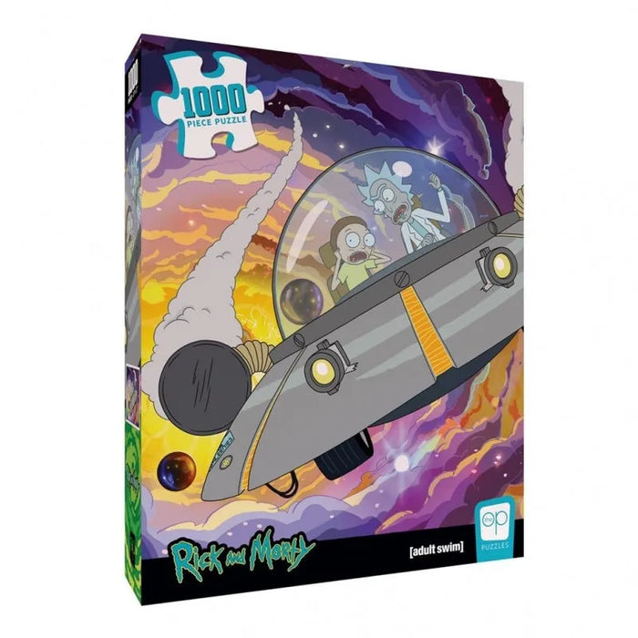 Rick & Morty 1000 gabaliņu puzle ar krāsainu kosmosa dizainu un lidojošo šķīvīti, izmērs 69x49 cm.
