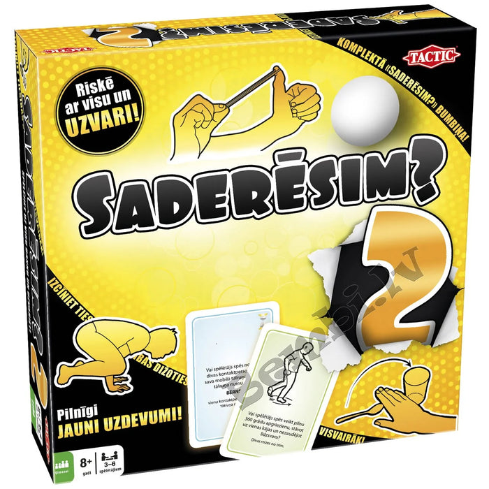Dzeltena galda spēles Saderēsim 2 kaste ar uzdevumu kārtīm, bumbiņu un ilustrācijām par aktīviem izaicinājumiem ģimenei.