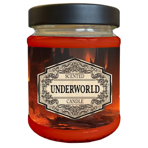 Sarkana sojas vaska svece stikla burkā ar Underworld dizainu un paslēptu D20 kauliņu galda spēļu faniem.