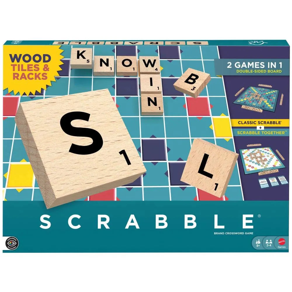 Scrabble galda spēle ar koka flīzēm, statīviem un divpusēju spēles laukumu diviem dažādiem spēles variantiem.