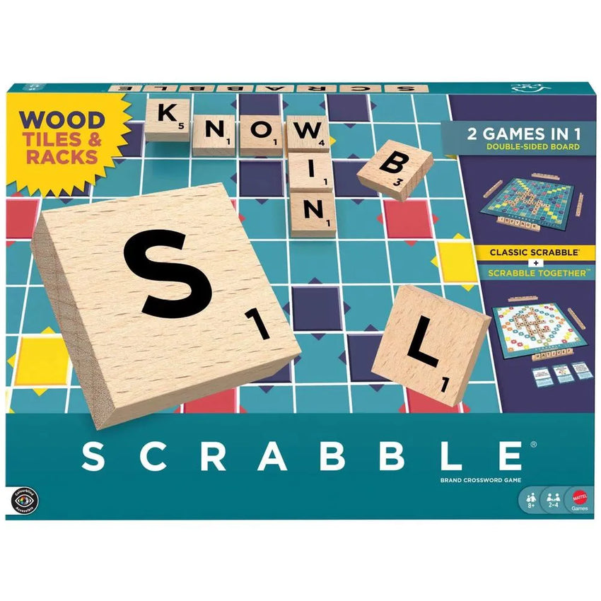 Scrabble galda spēle ar koka flīzēm, statīviem un divpusēju spēles laukumu diviem dažādiem spēles variantiem.