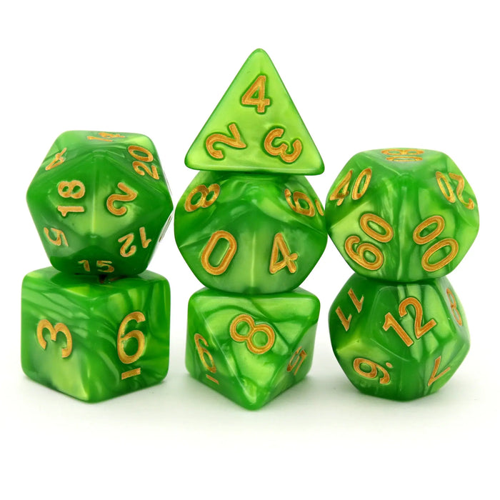 Set of 7 Dice in Box – 16mm – Pearl Green and Gold