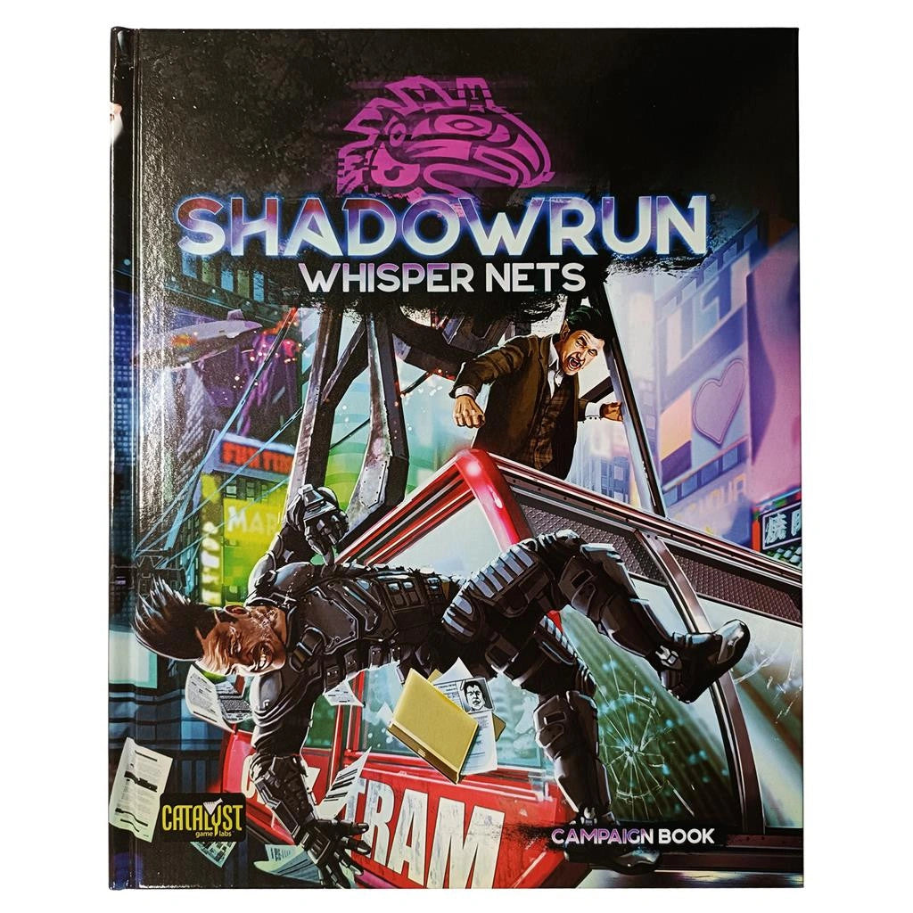 Shadowrun Whisper Nets kampaņas grāmata ar kiberpanka ilustrāciju, kurā attēloti tēli uz sarkana auto fona.