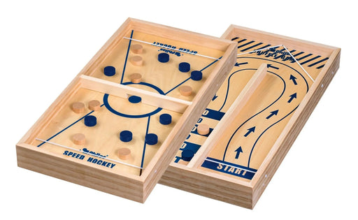 Koka galda spēļu komplekts Speed Hockey un Shuffle Game ar gumijas mehānismu un ziliem un dabiskiem koka kauliņiem.