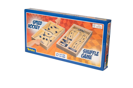 Divas vienā koka galda spēles: Speed Hockey un Shuffle Game ar gumijas mehānismu un spēles kauliņiem zilā iepakojumā.