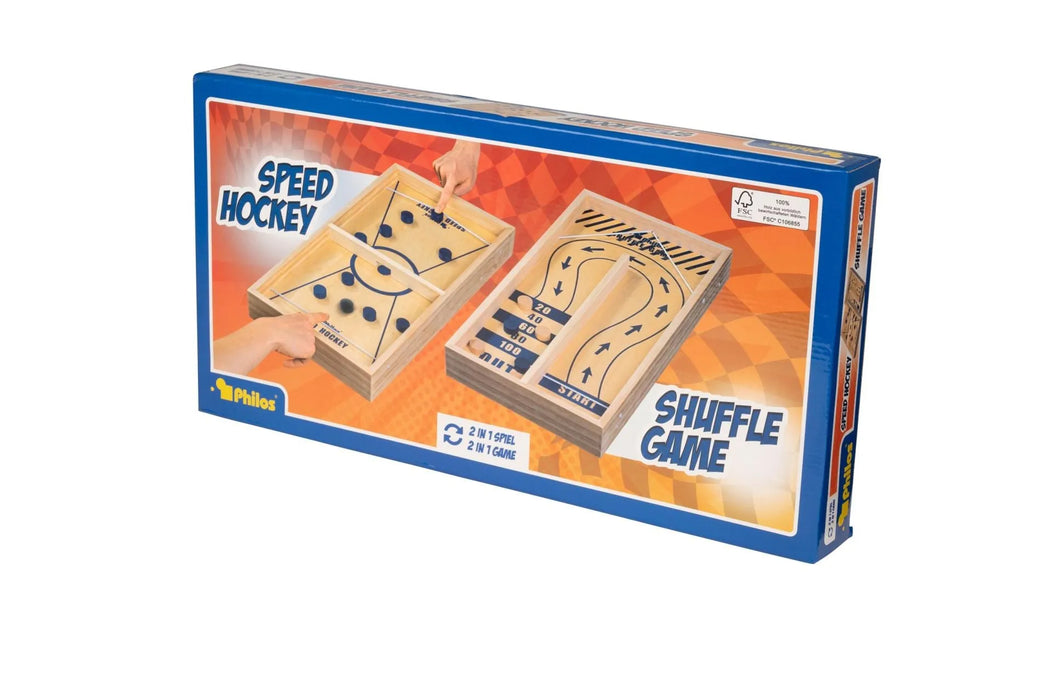 Divas vienā koka galda spēles: Speed Hockey un Shuffle Game ar gumijas mehānismu un spēles kauliņiem zilā iepakojumā.
