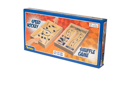 Divas vienā koka galda spēles: Speed Hockey un Shuffle Game ar gumijas mehānismu un spēles kauliņiem zilā iepakojumā.