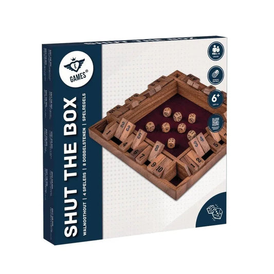 Koka galda spēle Shut the Box četriem spēlētājiem no valriekstkoka ar ciparu plāksnītēm un kauliņiem 29x29 cm kastē.