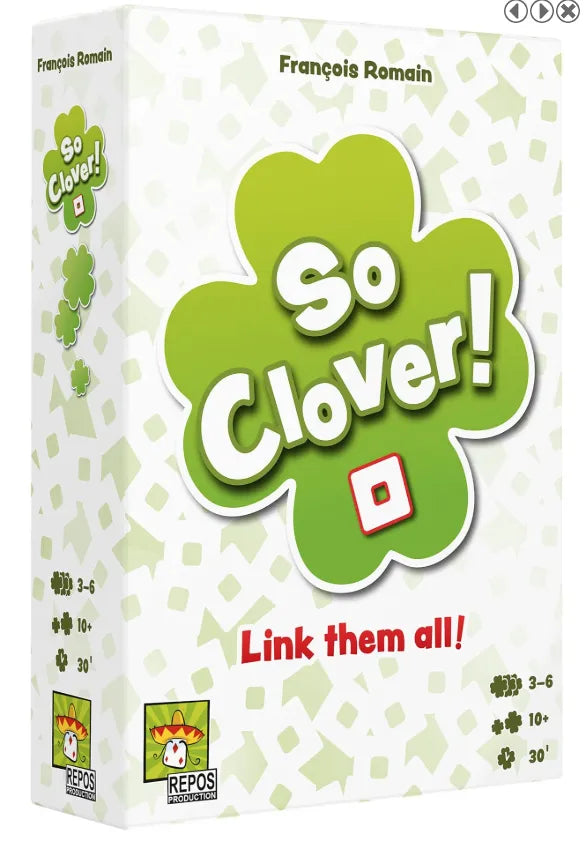 Galda spēle So Clover! ar zaļu āboliņa formas logotipu uz balta fona, piemērota 3-6 spēlētājiem no 10 gadu vecuma.