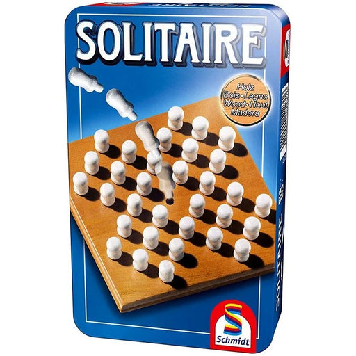 Koka galda spēle Solitaire ar 32 baltiem koka puļķīšiem uz kvadrātveida koka pamatnes zilā iepakojumā.