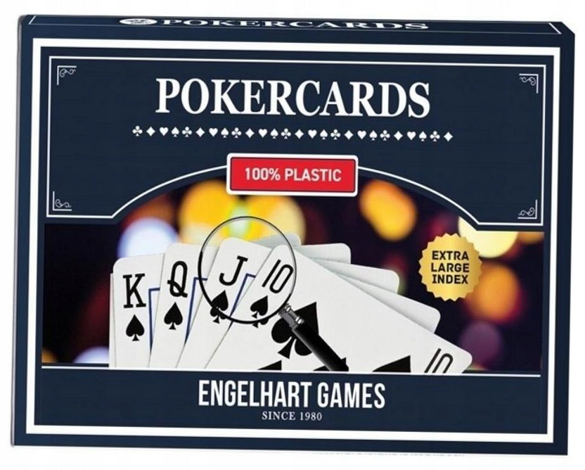Engelhart Games 100% plastmasas pokera kārtis zilā kastītē ar īpaši lielu indeksu un kāršu vēdekli.