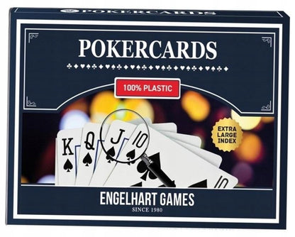 Engelhart Games 100% plastmasas pokera kārtis zilā kastītē ar īpaši lielu indeksu un kāršu vēdekli.