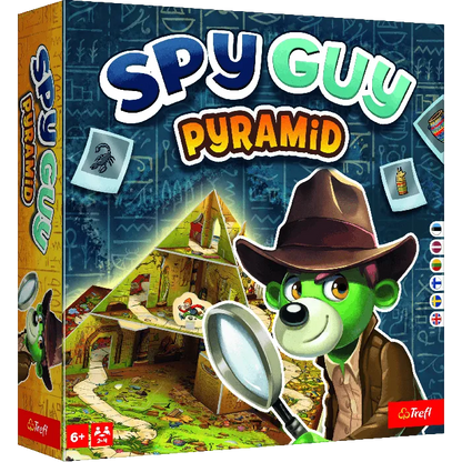 Spy Guy Pyramid galda spēle ar detektīvu lāci, palielināmo stiklu un 3D piramīdas elementiem uz zila fona.
