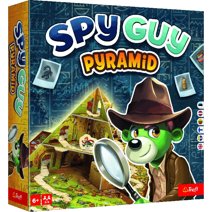 Spy Guy Pyramid galda spēle ar detektīvu lāci, palielināmo stiklu un 3D piramīdas elementiem uz zila fona.