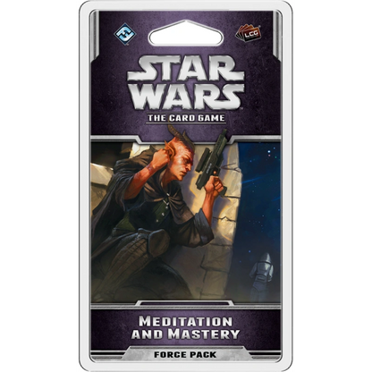 Star Wars LCG Meditation & Mastery kāršu spēles papildinājums violetā iepakojumā ar ilustrētu tēlu un blasteri.