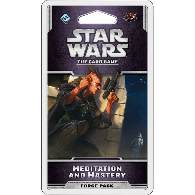 Star Wars LCG Meditation & Mastery kāršu spēles papildinājums violetā iepakojumā ar ilustrētu tēlu un blasteri.