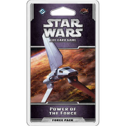 Star Wars LCG Power of the Force papildinājuma komplekts ar kosmosa kuģa attēlu uz iepakojuma.