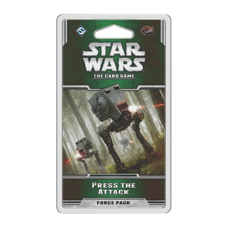 Star Wars LCG Press the Attack papildinājuma komplekts ar AT-ST kājnieku kaujas mašīnām meža fonā.