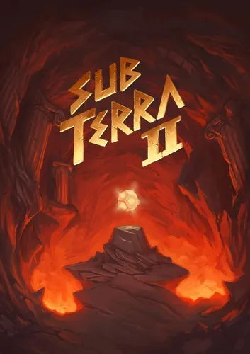 Sub Terra II: Inferno's Edge galda spēles vāks ar kvēlojošu artefaktu tumšā, ugunīgā alā un stilizētu nosaukumu.