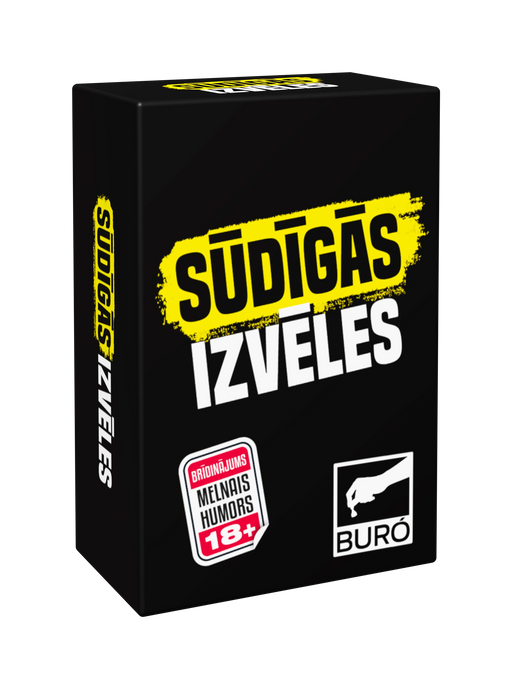 Melna ballīšu spēles kaste ar dzeltenu uzrakstu Sūdīgās izvēles, 18+ brīdinājumu un baltu Buró logotipu.