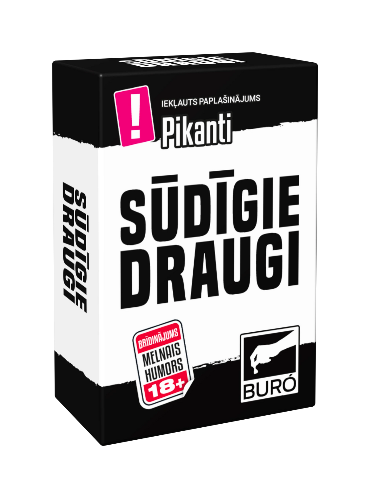 Galda spēle Sūdīgie draugi melnbaltā iepakojumā ar rozā akcentiem, 18+ vecuma ierobežojumu un pikantu paplašinājumu.