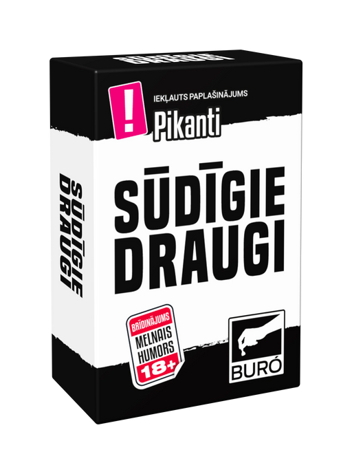 Galda spēle Sūdīgie draugi melnbaltā iepakojumā ar rozā akcentiem, 18+ vecuma ierobežojumu un pikantu paplašinājumu.