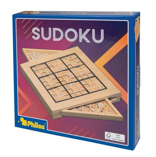 Koka Sudoku spēle ar izvelkamiem uzglabāšanas nodalījumiem skaitļu čipiem zilā iepakojumā.