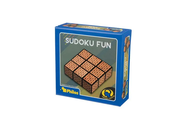 Zila Sudoku Fun galda spēles kaste ar koka krāsas skaitļu kauliņu režģi uz iepakojuma vāka.